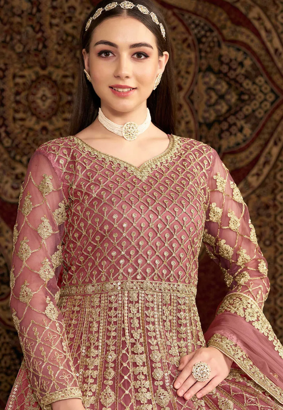 Embroidered Net Abaya Style Suit in Pink