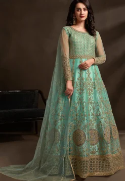 Embroidered Net Abaya Style Suit in Sea Green