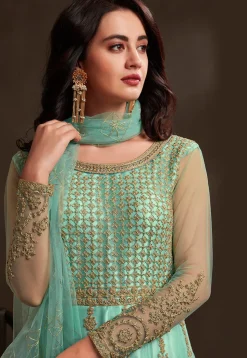 Embroidered Net Abaya Style Suit in Sea Green