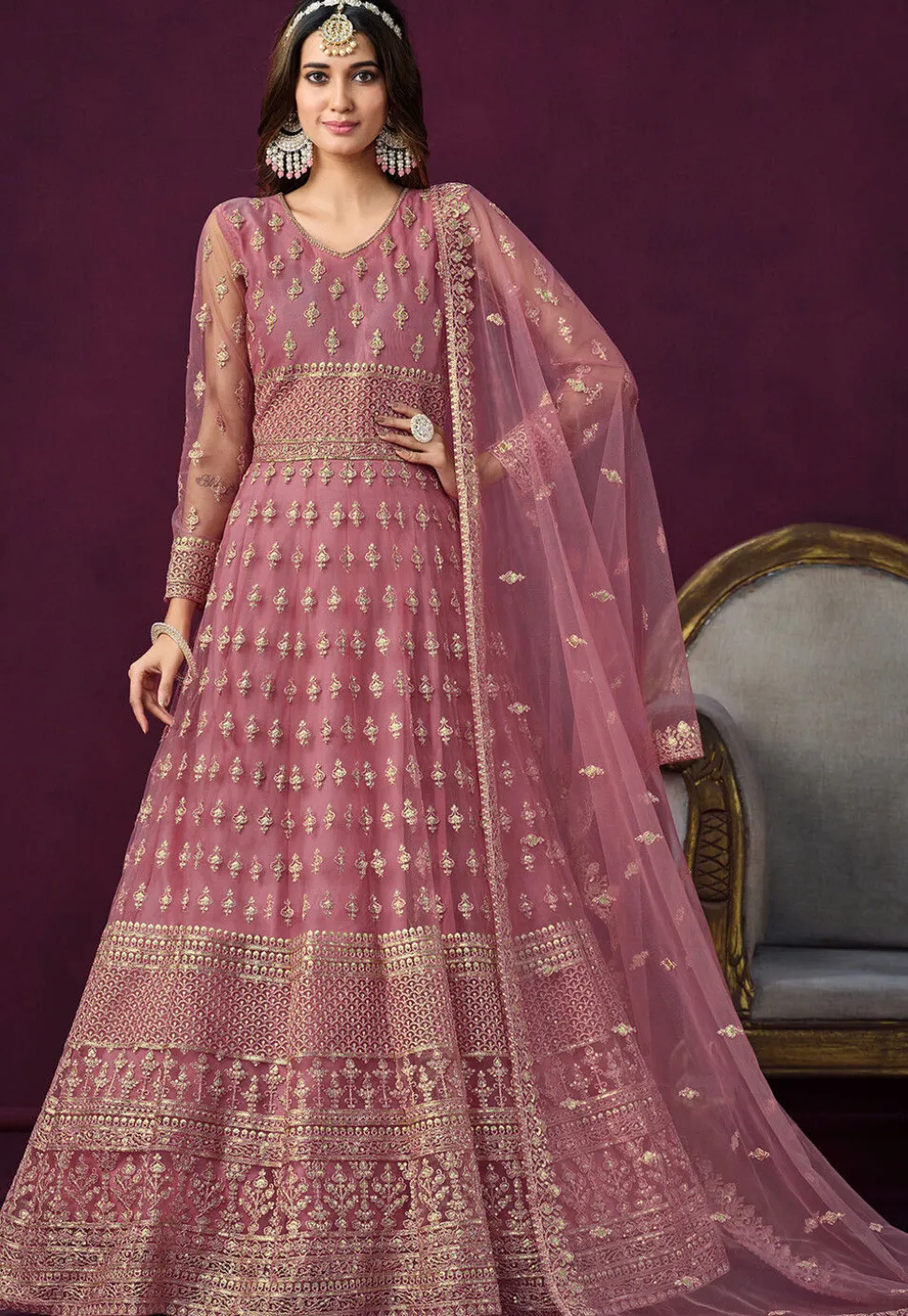 Embroidered Net Abaya Style Suit in Pink