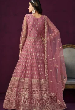 Embroidered Net Abaya Style Suit in Pink
