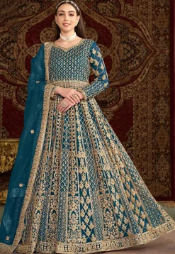 Embroidered Net Abaya Style Suit in Teal Blue