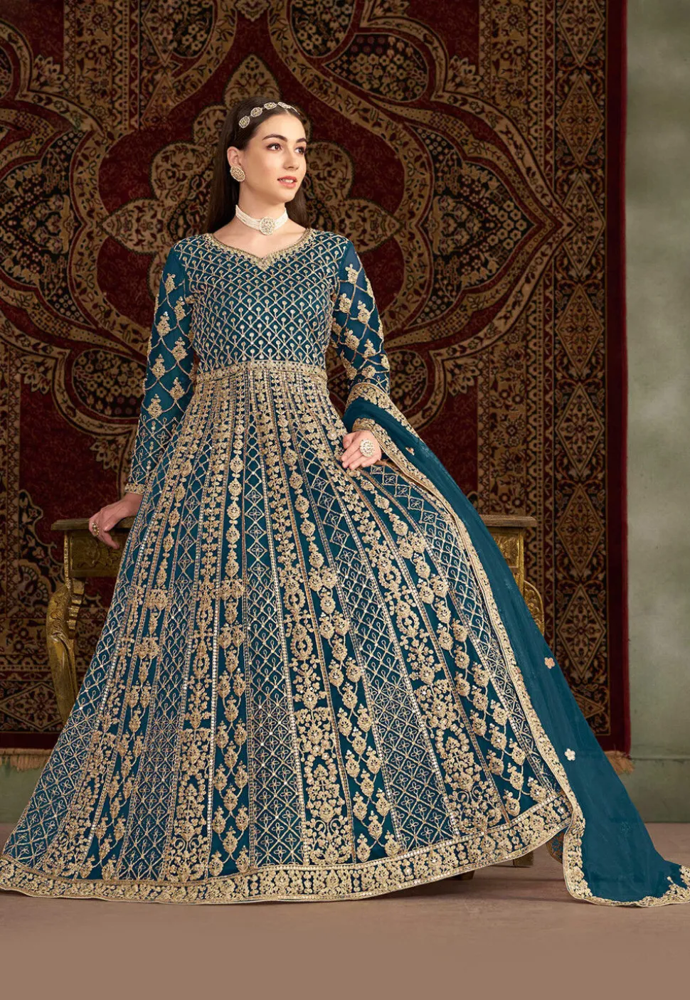 Embroidered Net Abaya Style Suit in Teal Blue