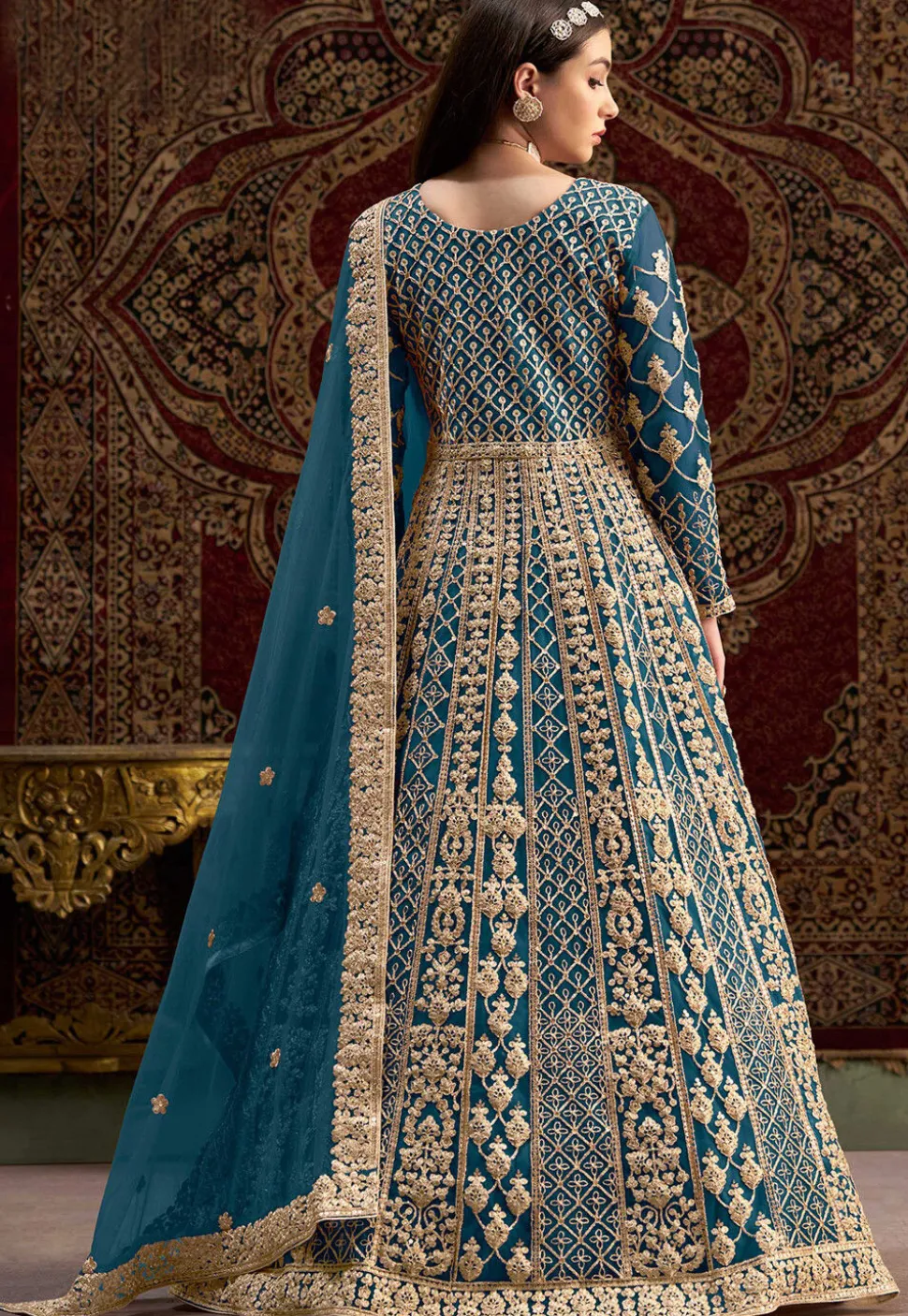 Embroidered Net Abaya Style Suit in Teal Blue