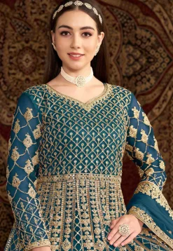 Embroidered Net Abaya Style Suit in Teal Blue