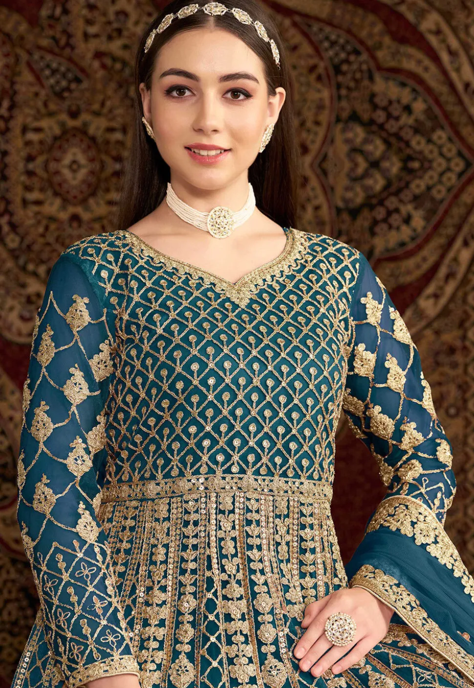 Embroidered Net Abaya Style Suit in Teal Blue