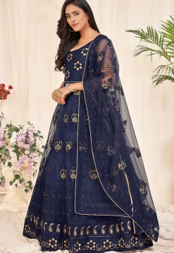 Embroidered Net Abaya Style Suit in Navy Blue