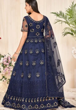 Embroidered Net Abaya Style Suit in Navy Blue