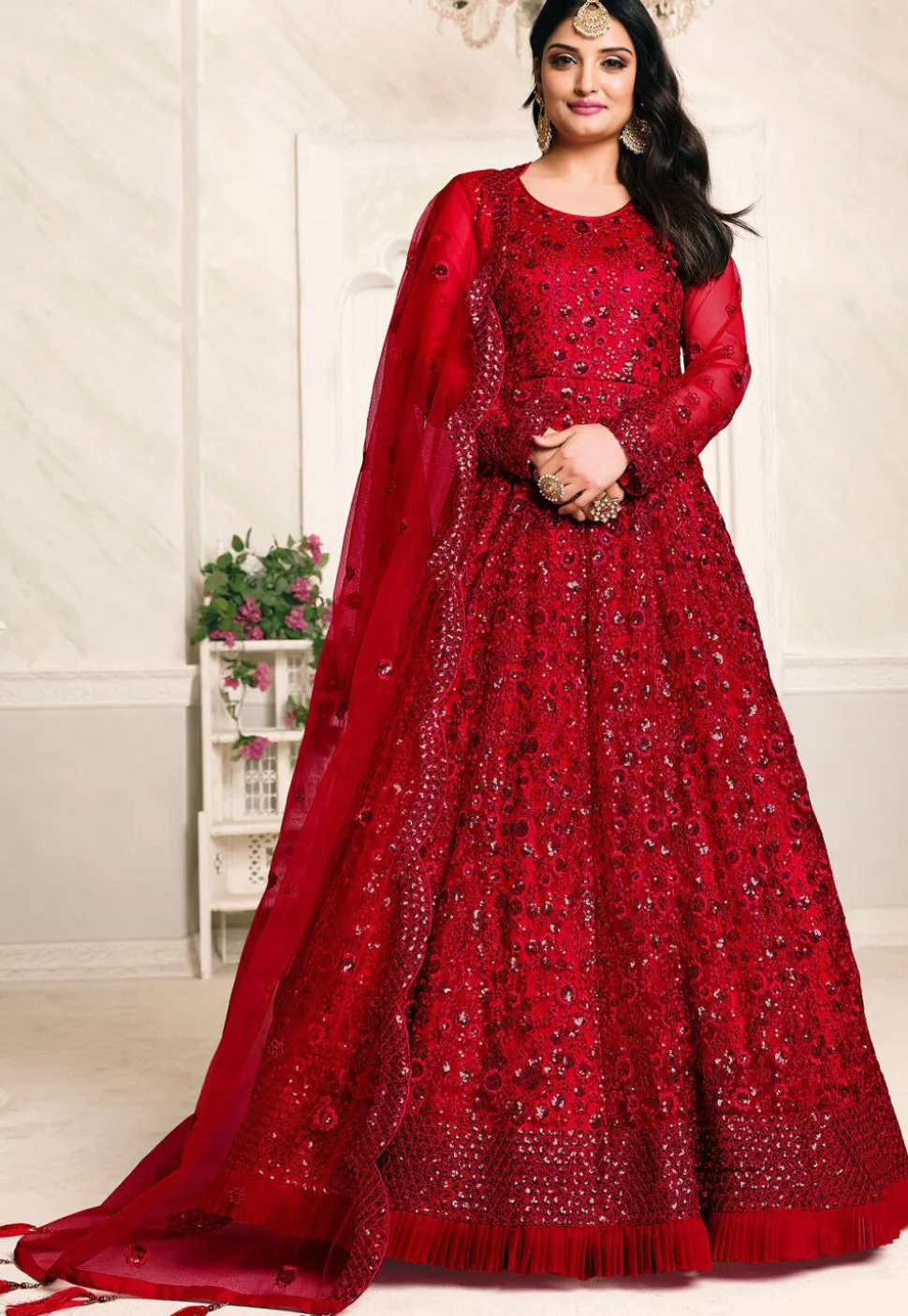 Embroidered Net Abaya Style Suit in Maroon