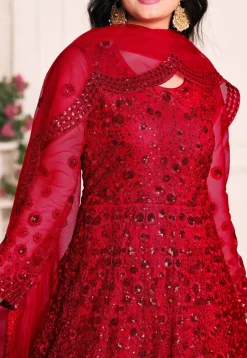 Embroidered Net Abaya Style Suit in Maroon
