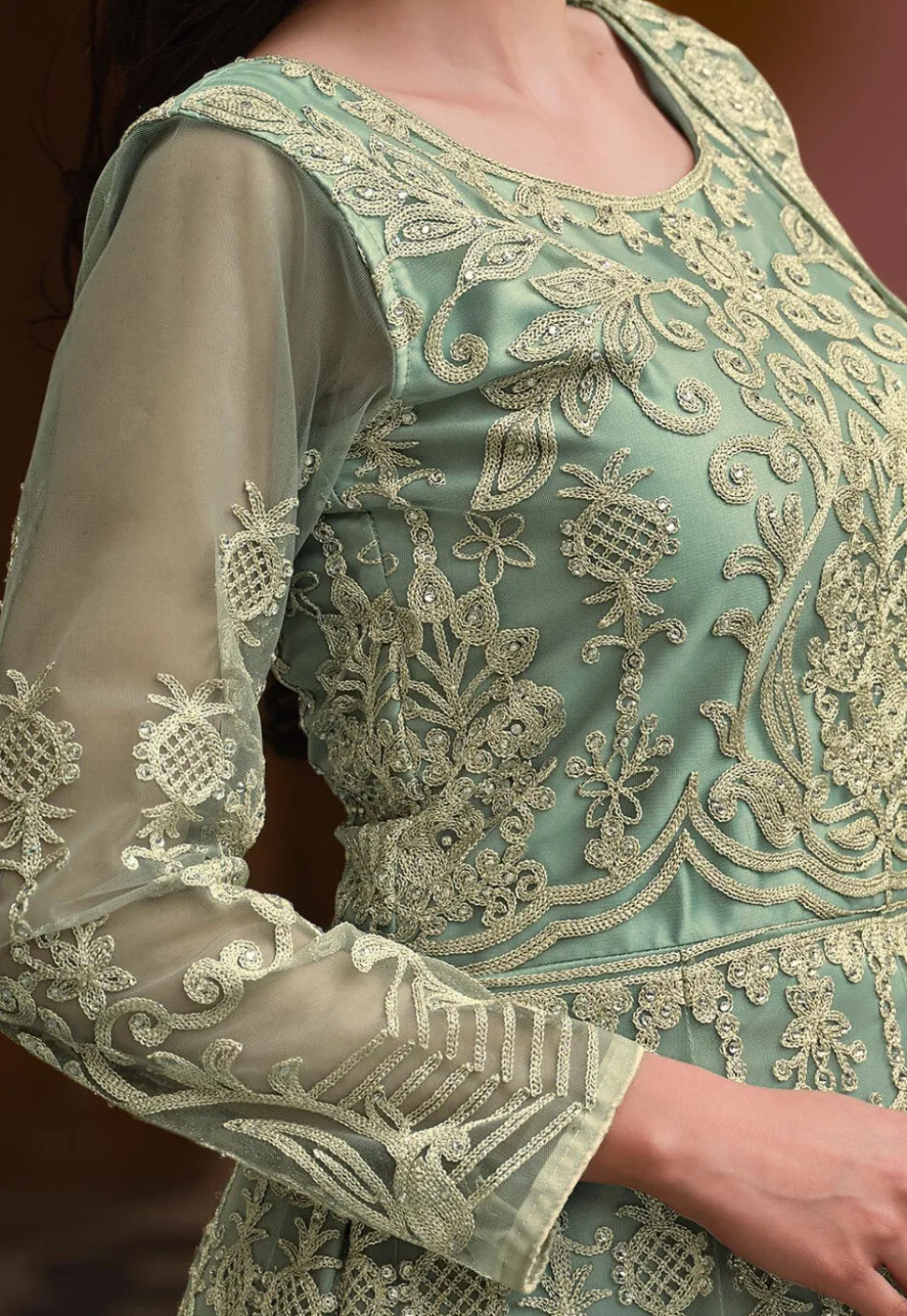 Embroidered Net Abaya Style Suit in Sea Green