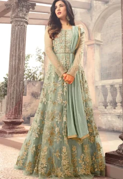 Embroidered Net Abaya Style Suit in Pastel Green