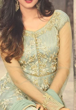 Embroidered Net Abaya Style Suit in Pastel Green