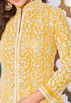 Embroidered Net Abaya Style Suit in Yellow