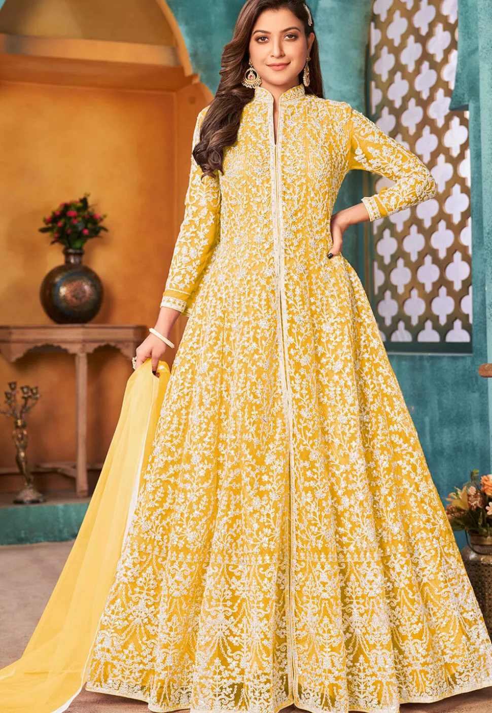 Embroidered Net Abaya Style Suit in Yellow