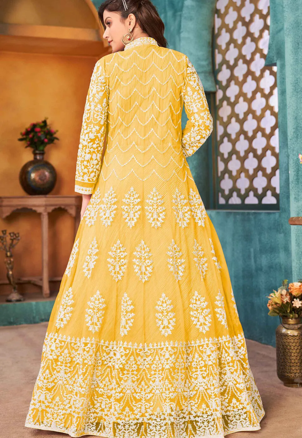 Embroidered Net Abaya Style Suit in Yellow