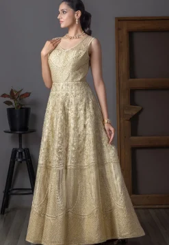 Embroidered Net Abaya Style Suit in Beige