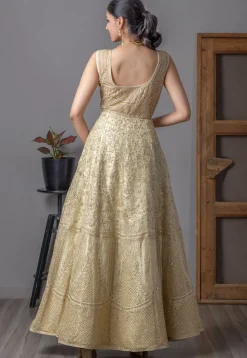 Embroidered Net Abaya Style Suit in Beige