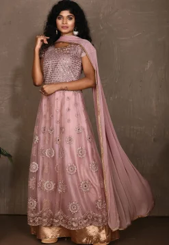 Embroidered Net Abaya Style Suit in Light Pink