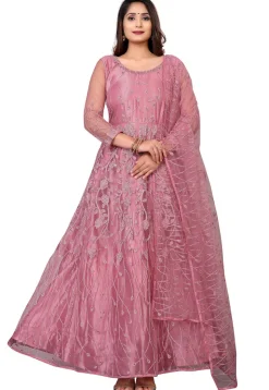 Embroidered Net Abaya Style Suit in Old Rose