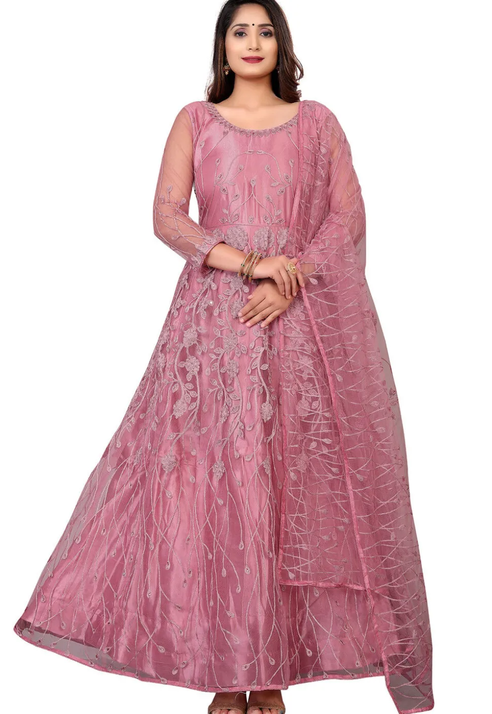 Embroidered Net Abaya Style Suit in Old Rose