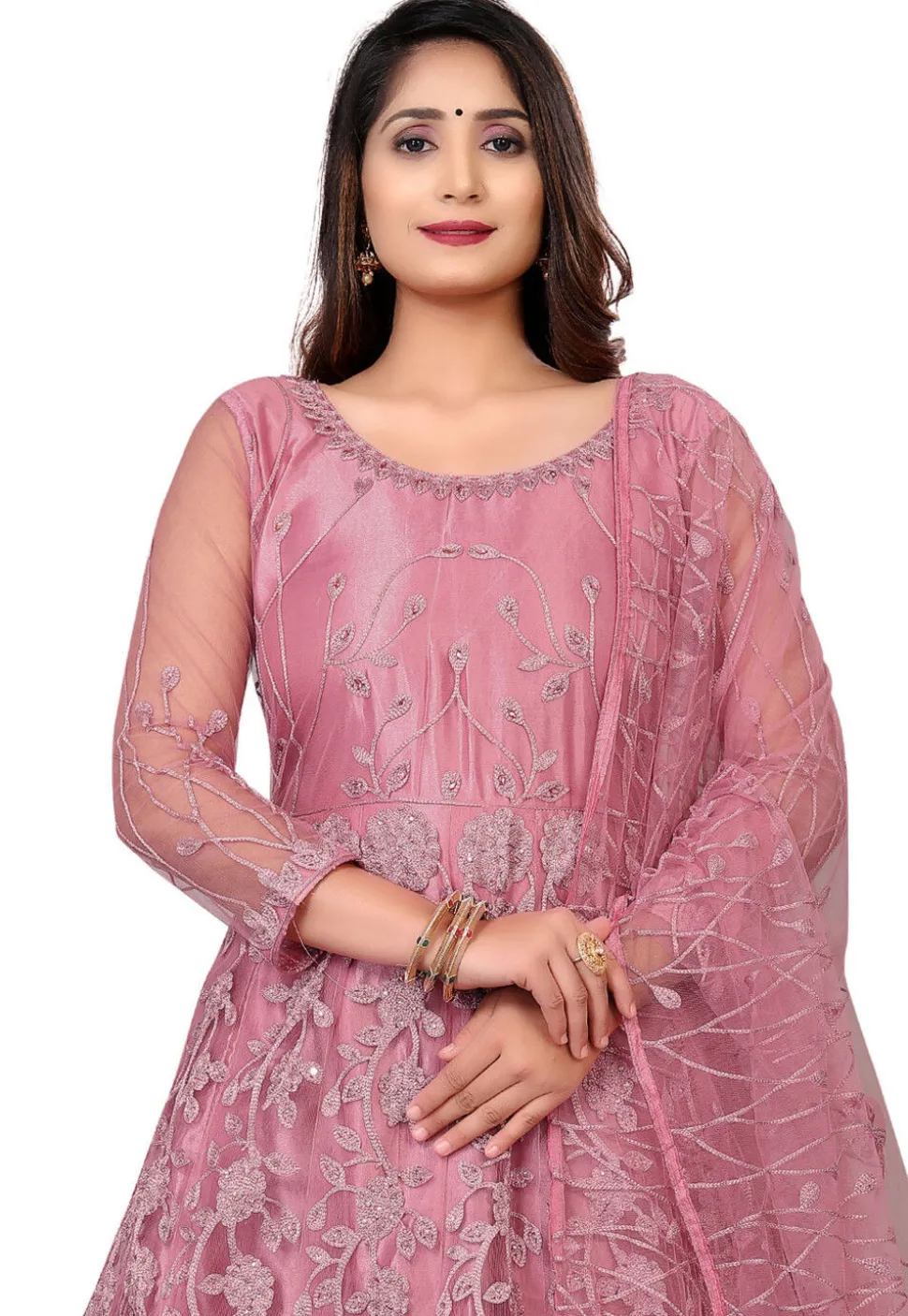 Embroidered Net Abaya Style Suit in Old Rose