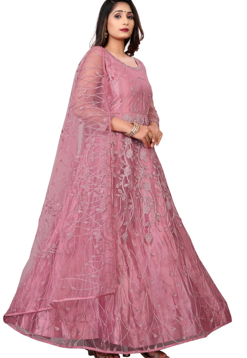 Embroidered Net Abaya Style Suit in Old Rose