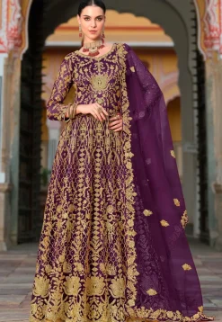 Embroidered Net Abaya Style Suit in Purple
