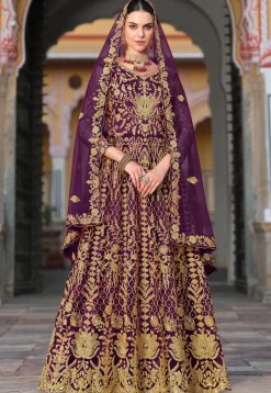 Embroidered Net Abaya Style Suit in Purple