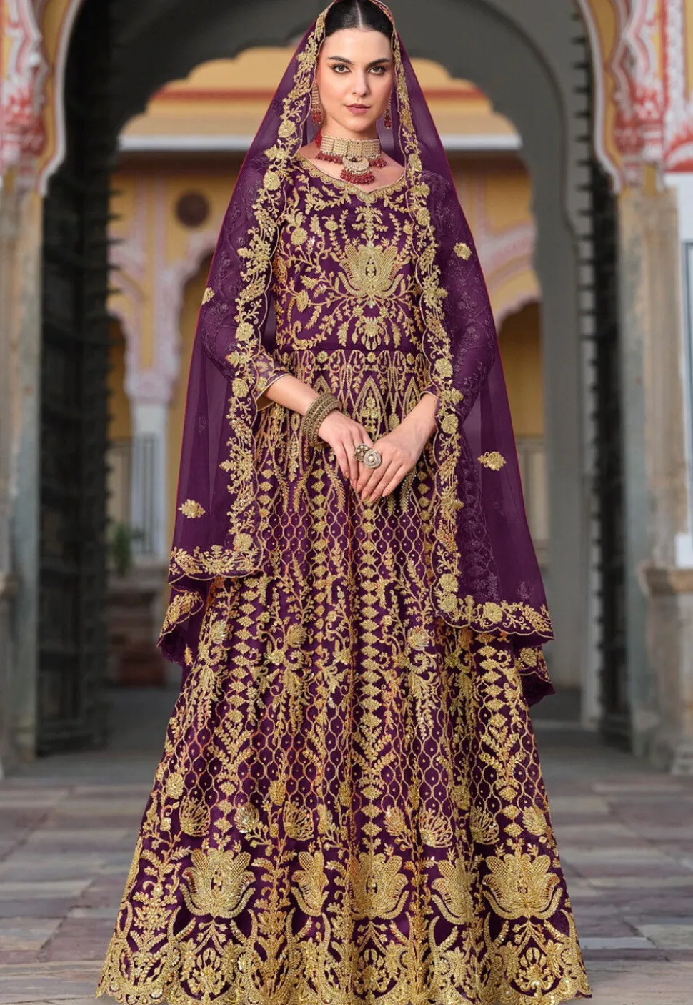 Embroidered Net Abaya Style Suit in Purple