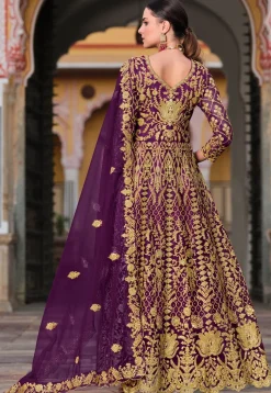 Embroidered Net Abaya Style Suit in Purple