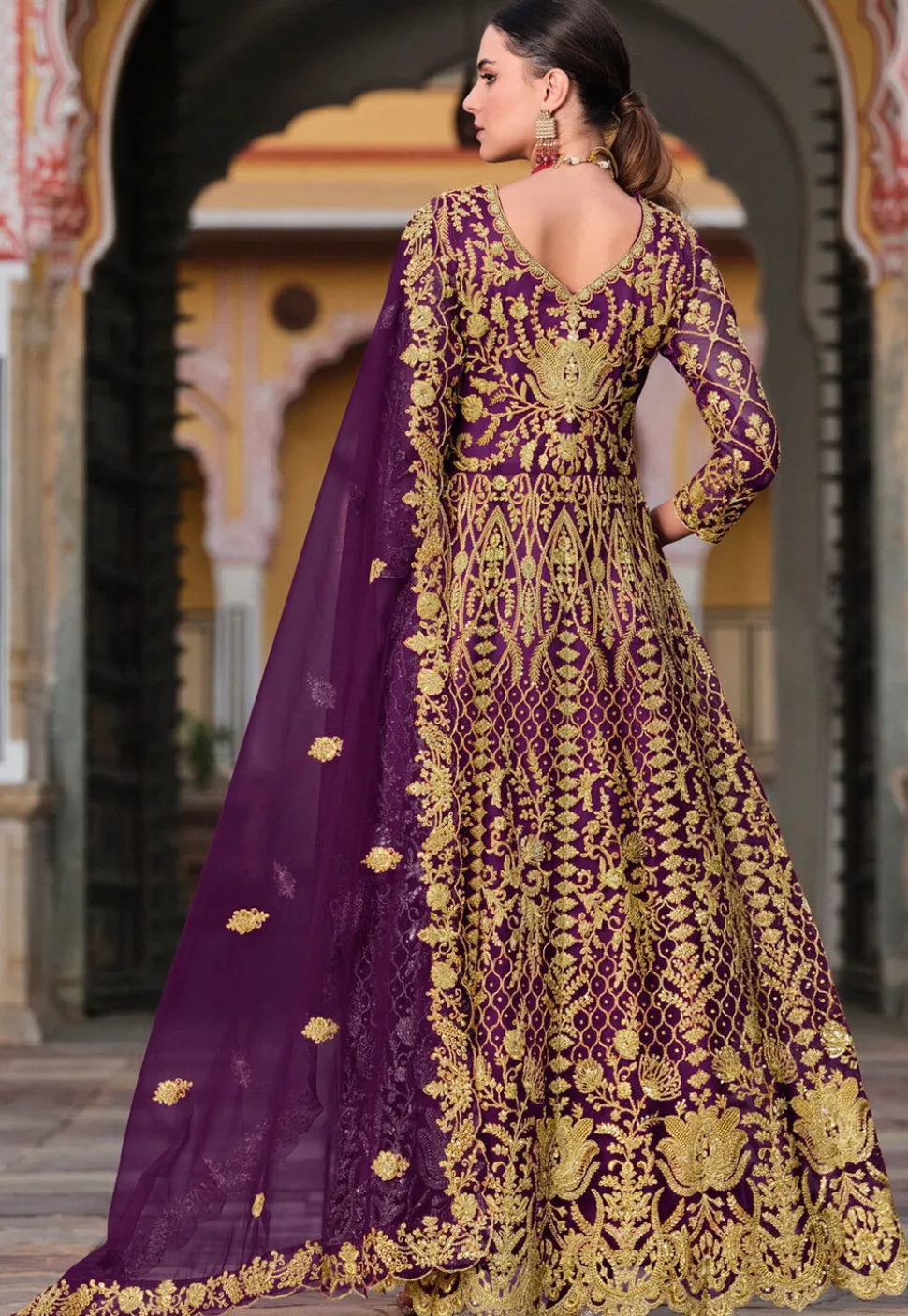 Embroidered Net Abaya Style Suit in Purple