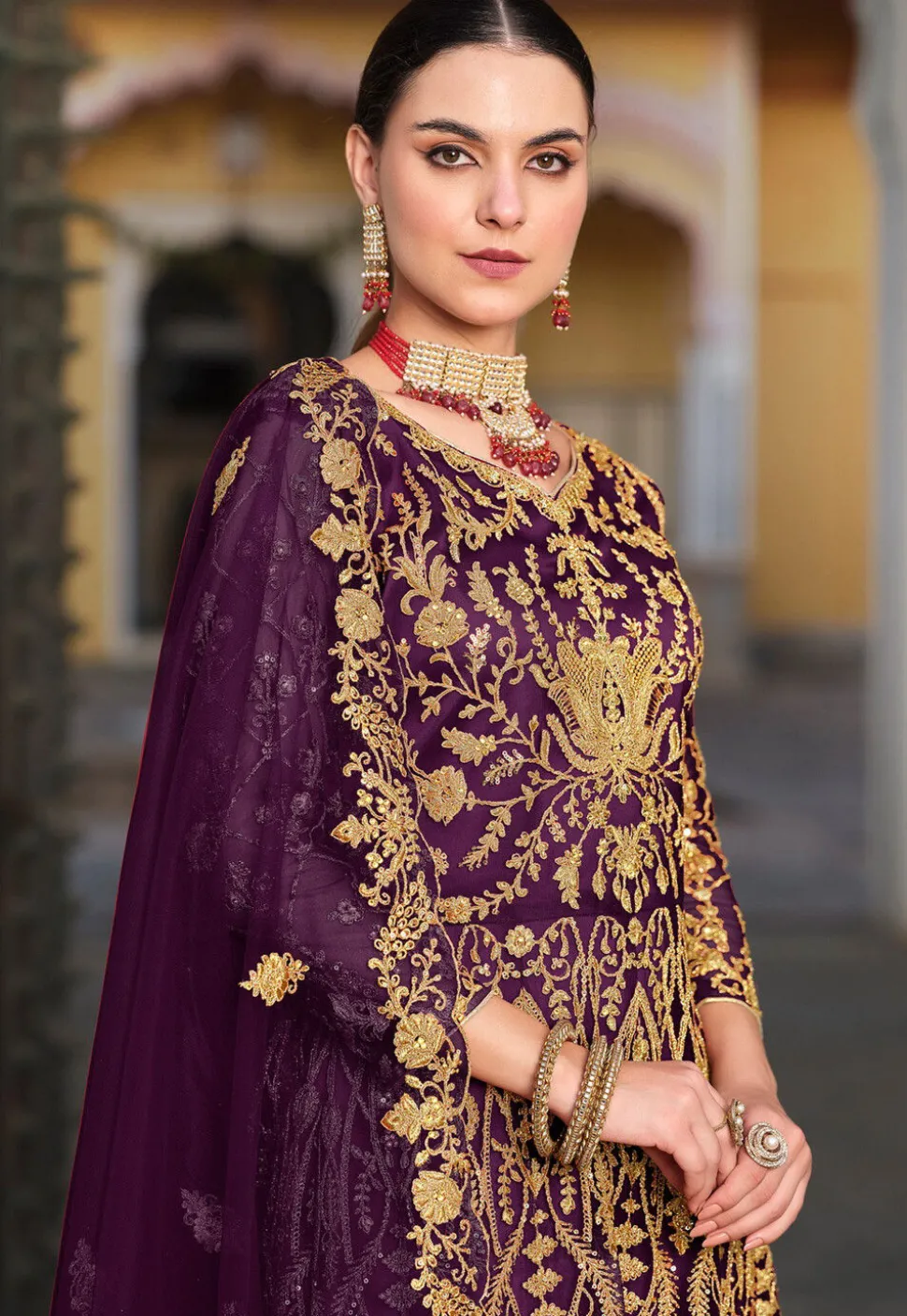 Embroidered Net Abaya Style Suit in Purple