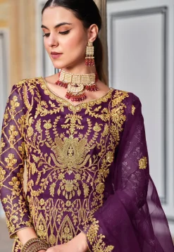 Embroidered Net Abaya Style Suit in Purple