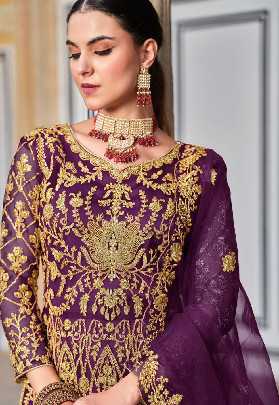 Embroidered Net Abaya Style Suit in Purple
