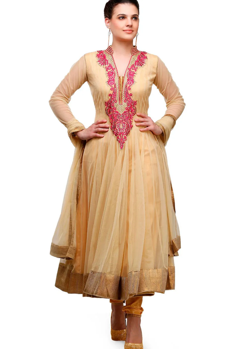 Embroidered Net Anarkali Suit in Beige