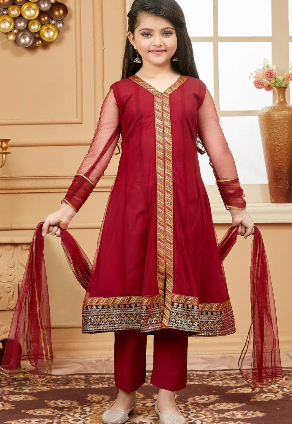 Embroidered Net Anarkali Suit in Maroon