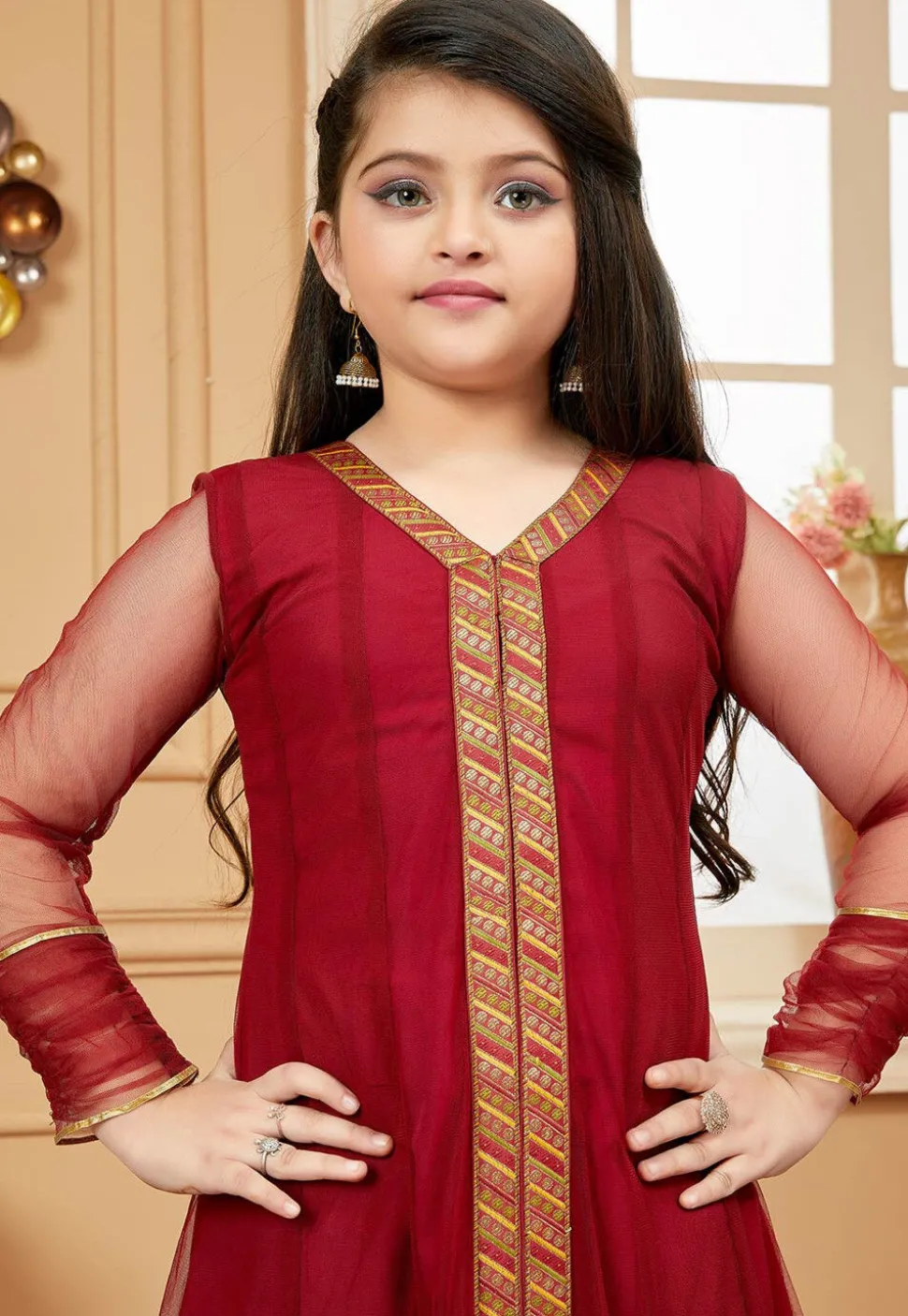 Embroidered Net Anarkali Suit in Maroon