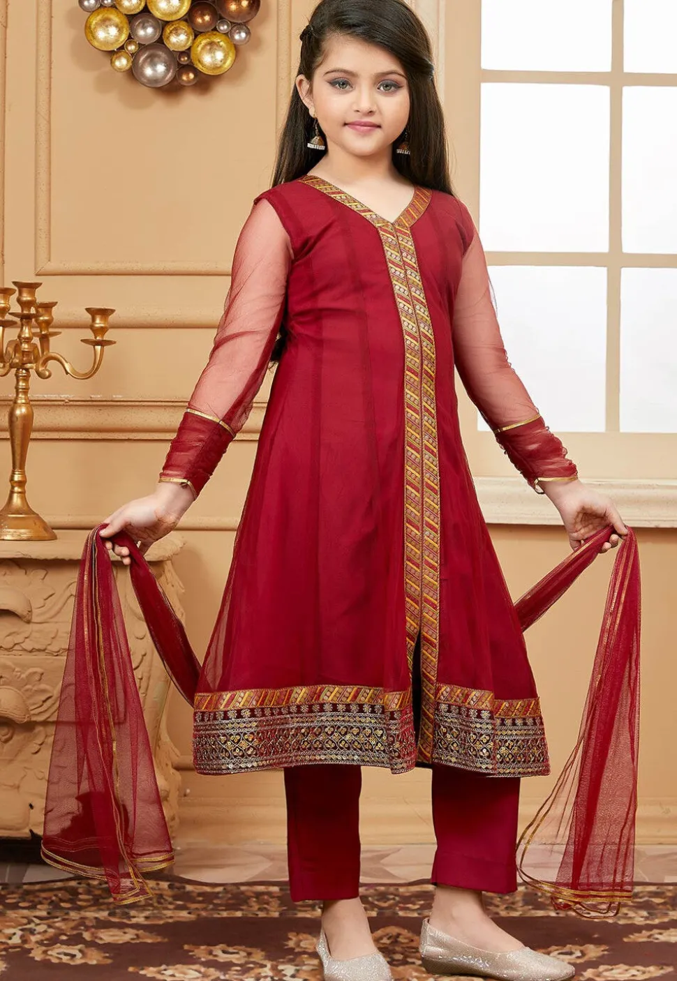 Embroidered Net Anarkali Suit in Maroon