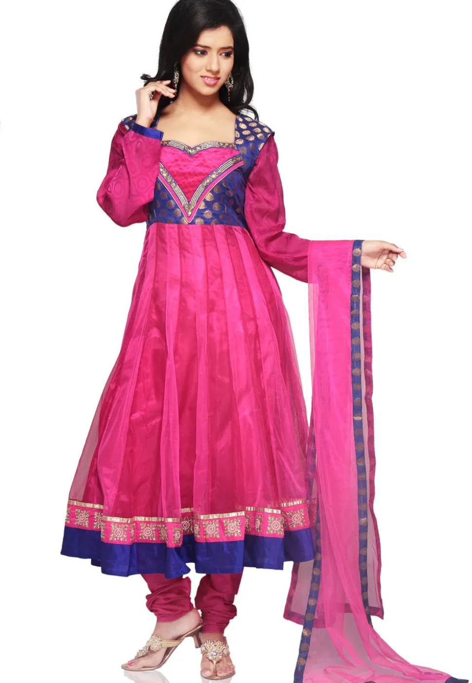Embroidered Net Anarkali Suit in Fuchsia
