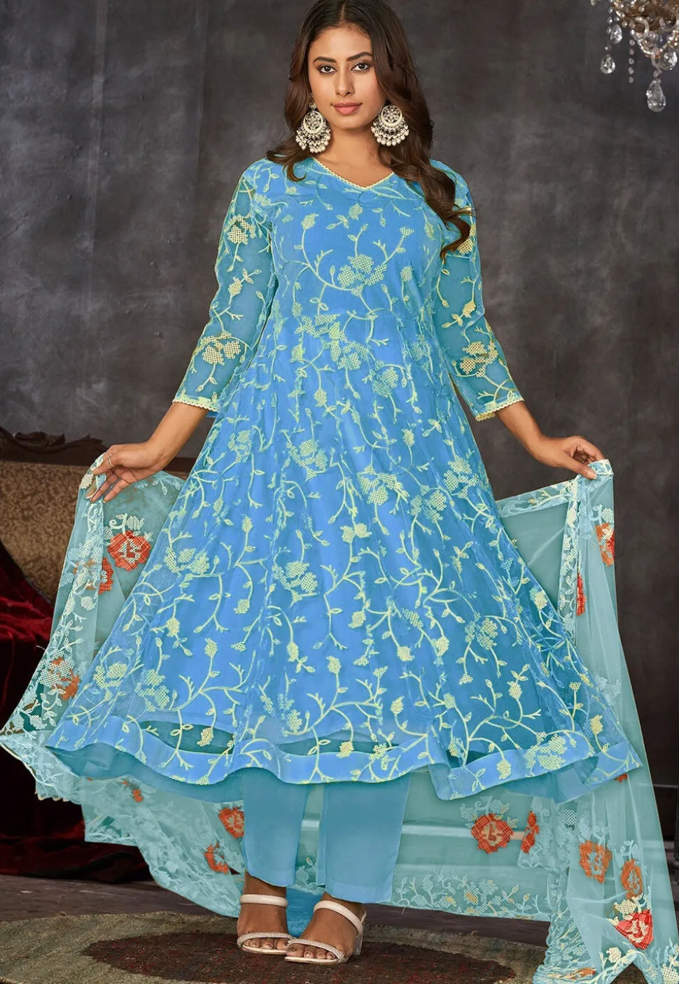 Embroidered Net Anarkali Suit in Blue