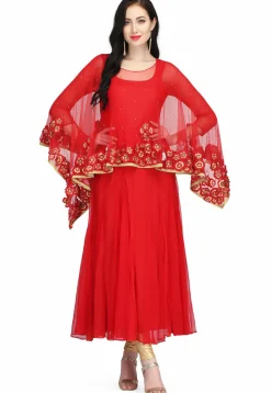 Embroidered Net Anarkali Suit in Red