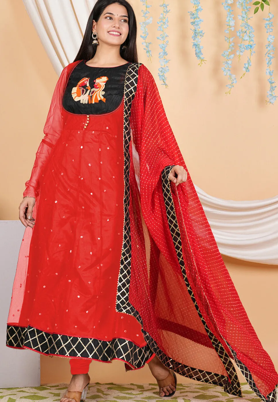 Embroidered Net Anarkali Suit in Red