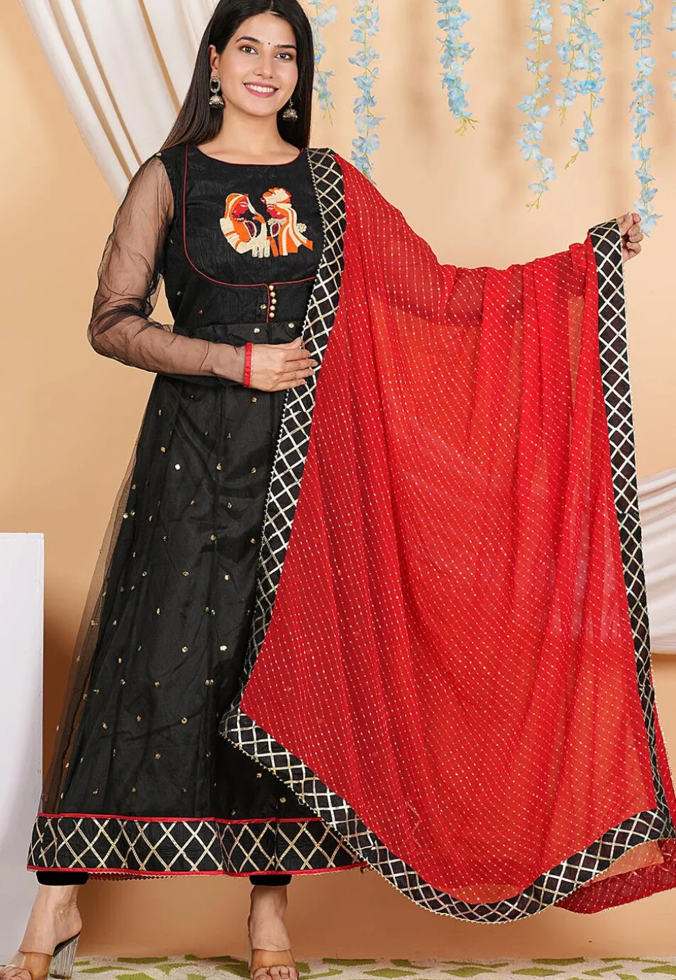 Embroidered Net Anarkali Suit in Black