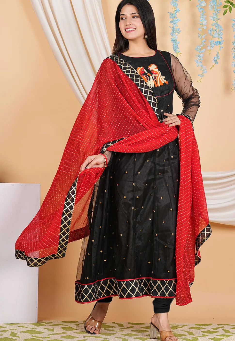Embroidered Net Anarkali Suit in Black