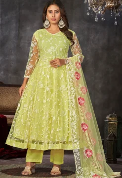 Embroidered Net Anarkali Suit in Light Green