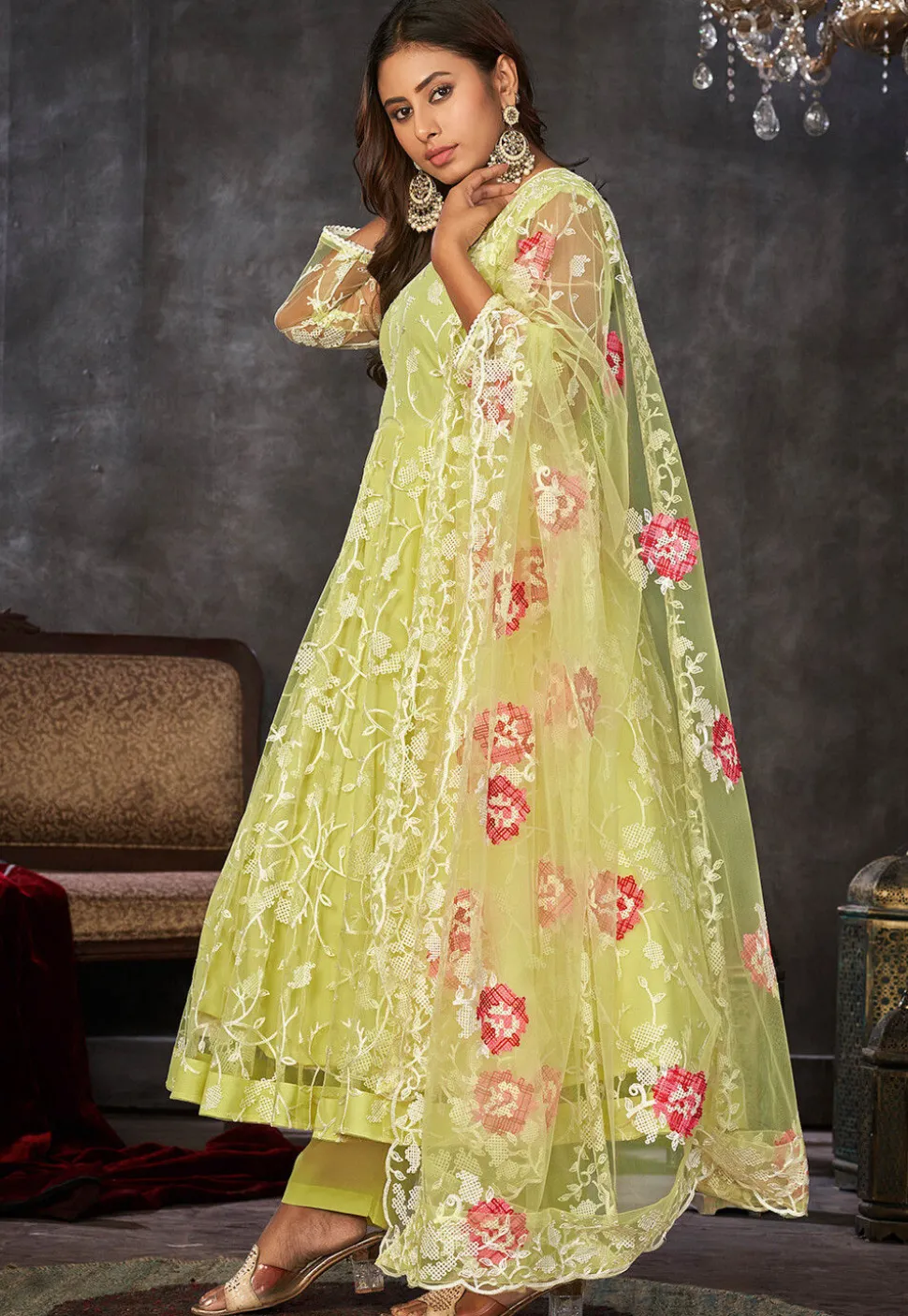 Embroidered Net Anarkali Suit in Light Green