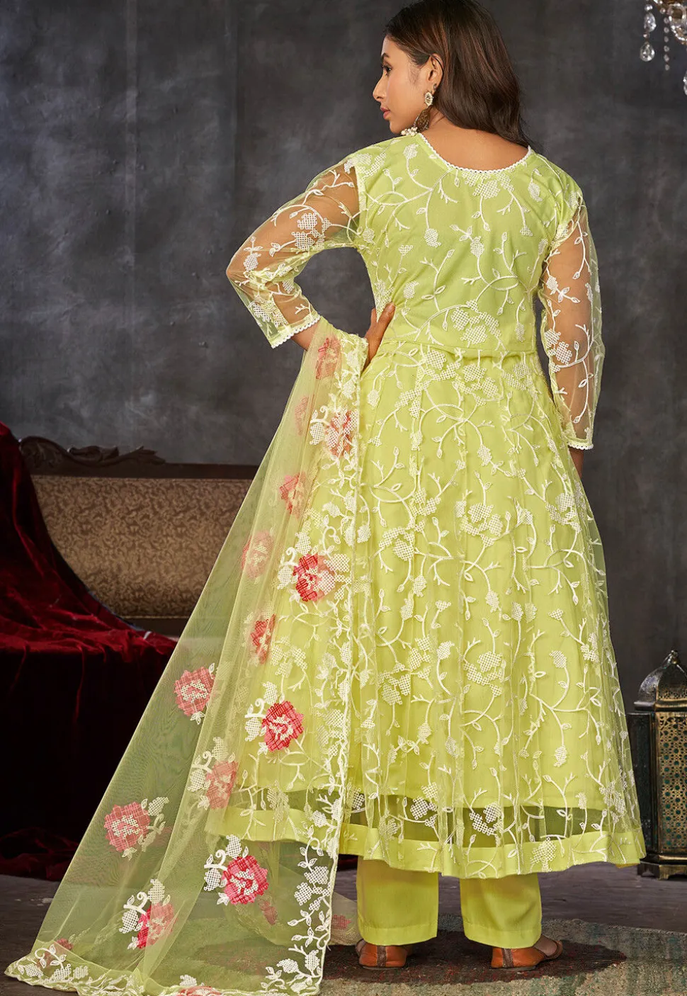 Embroidered Net Anarkali Suit in Light Green