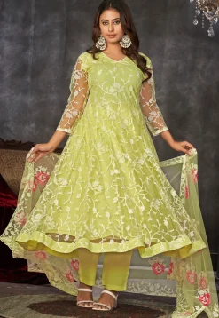 Embroidered Net Anarkali Suit in Light Green