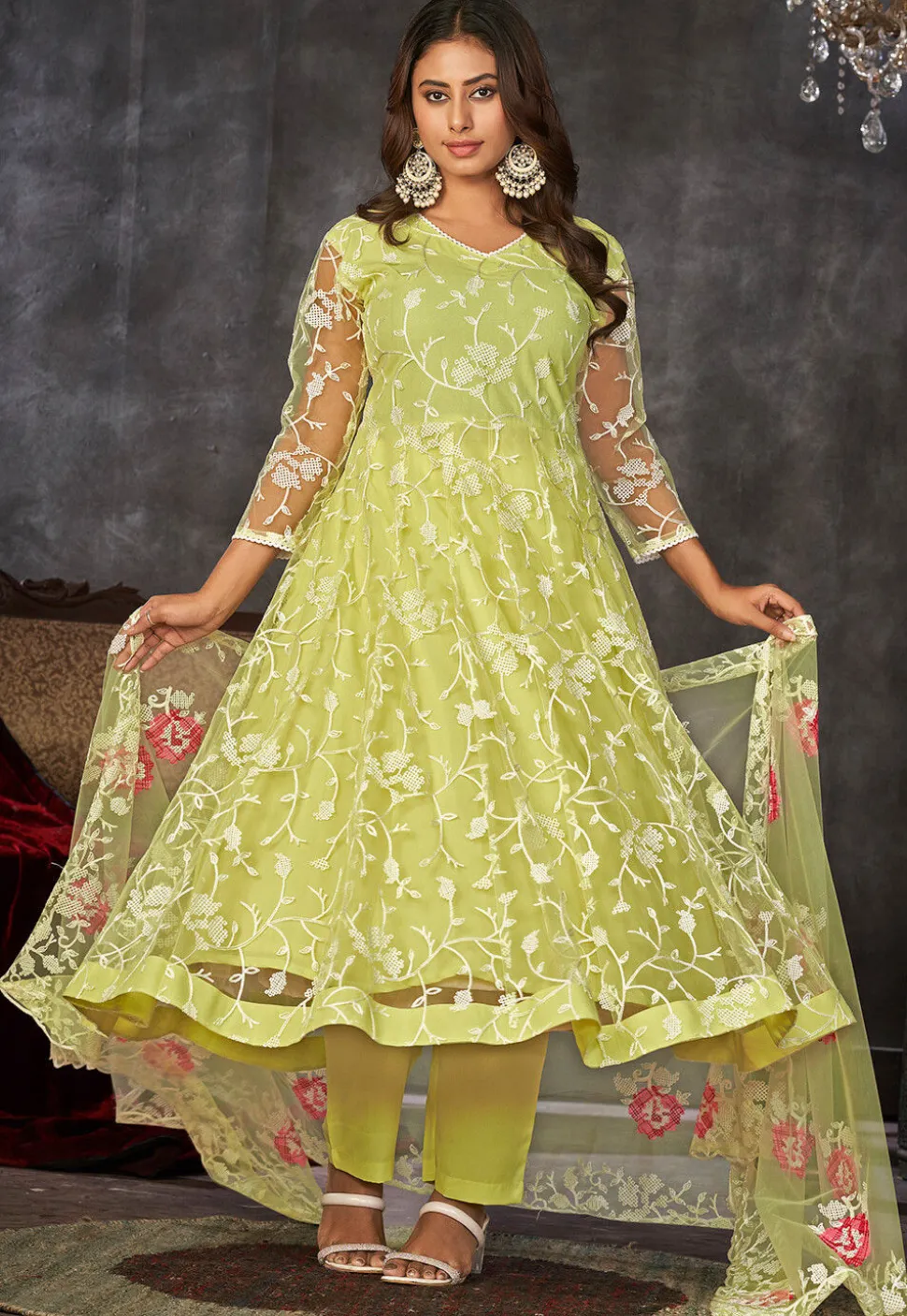 Embroidered Net Anarkali Suit in Light Green